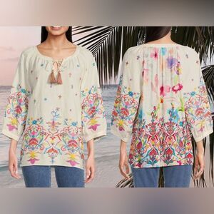John Mark Womens Tunic Top Floral Embroidered Tassel Linen Size M Split Neck NWT